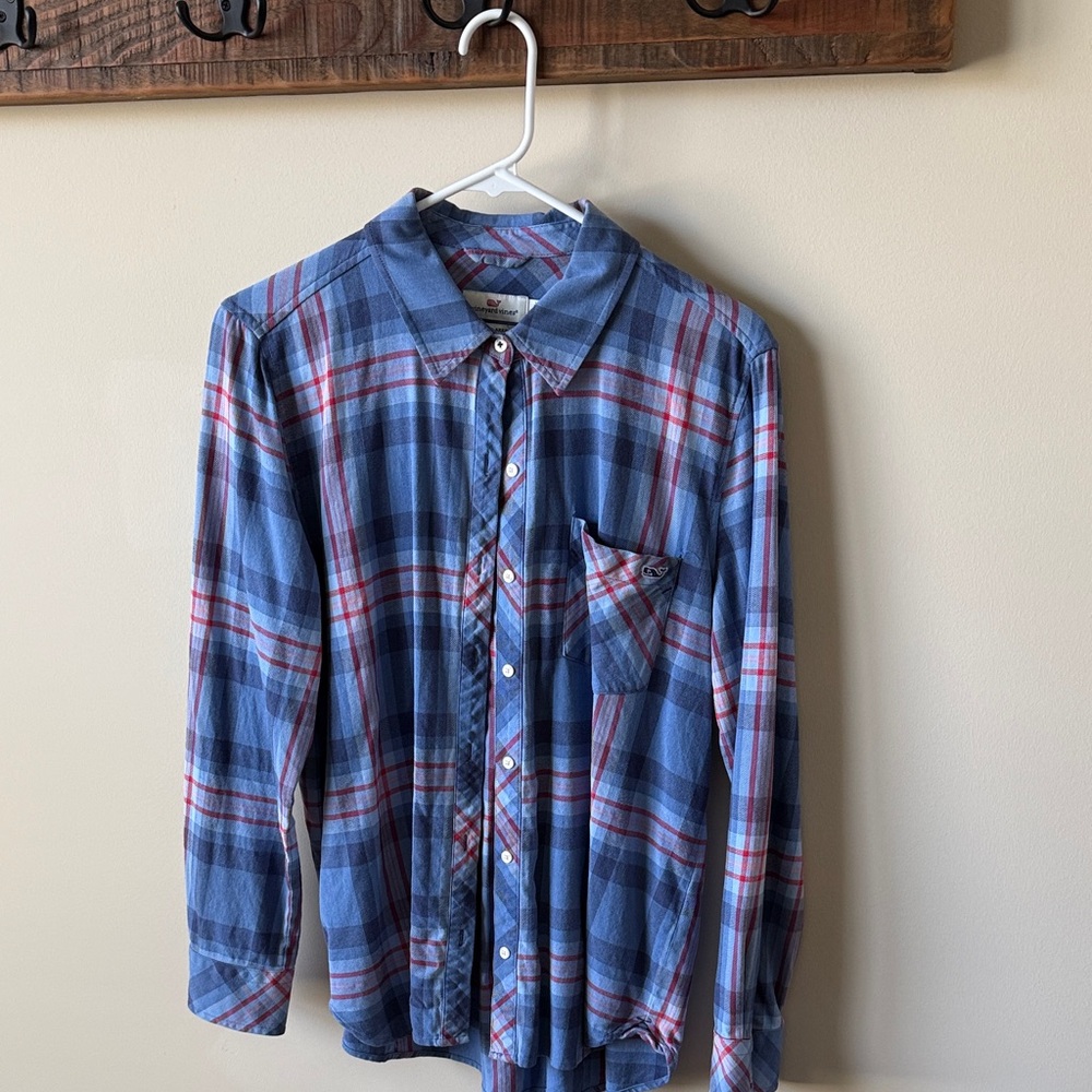Vineyard Vines Blue and Red Plaid Long-Sleeve Button Shirt